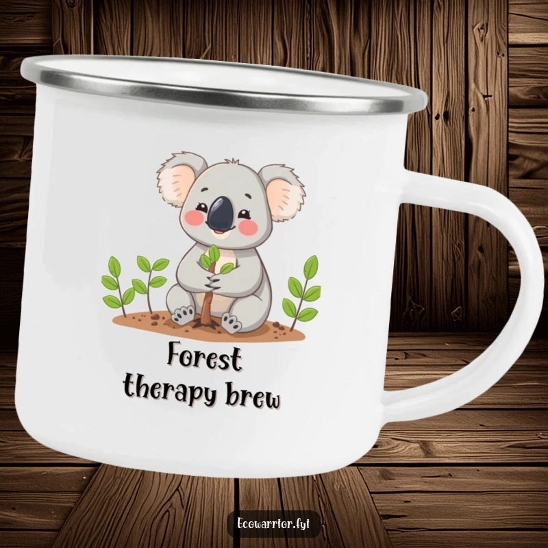Funny Koala planting a tiny tree with gentle hands, looking cheerful on a sturdy enamel camping mug for outdoor enjoyment.