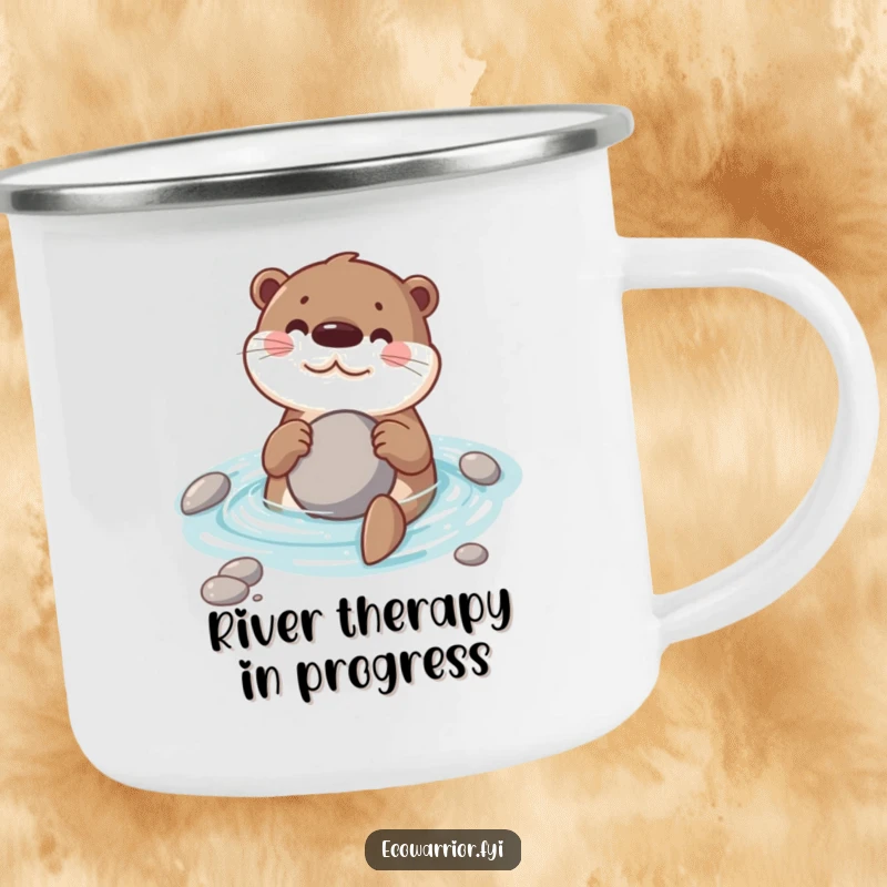 Funny camping mug with a cheerful otter swimming and holding a stone, built for outdoor fun.