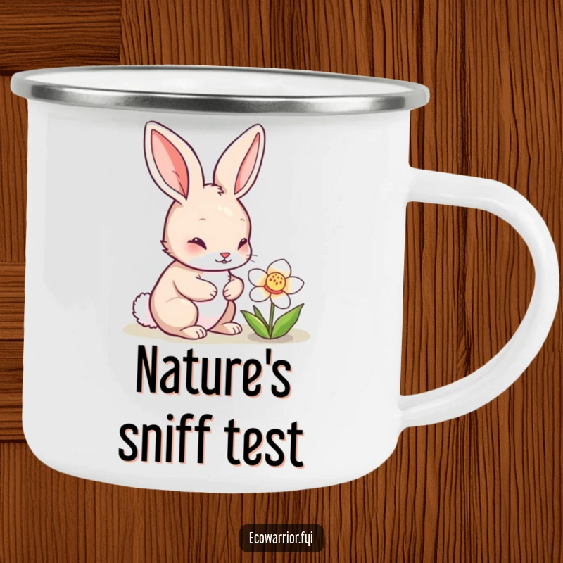 Funny rabbit character inspecting a blooming flower on a sturdy camping mug, blending outdoor adventure with gentle nature-themed humor, perfect for funny camping mug users.