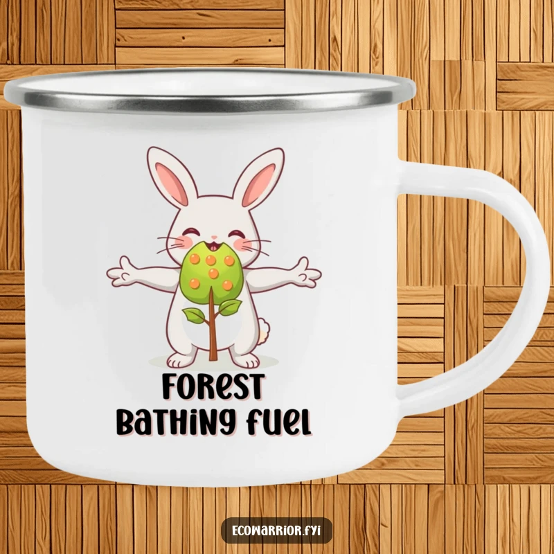 Funny happy rabbit character embracing a small sapling, designed for a durable camping mug for nature adventurers.