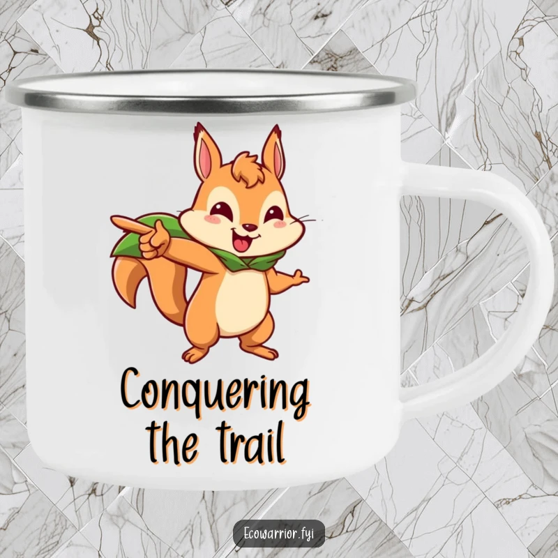 Funny squirrel camping mug with a brave squirrel character leading forward, for outdoor adventures and inspiration.