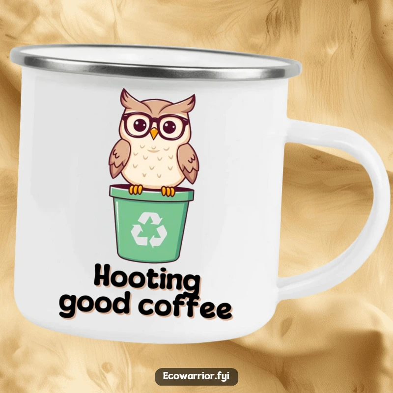 Funny camping mug featuring a smiling owl wearing spectacles, perched on a recycling bin, ready for intellectual outdoor excursions.