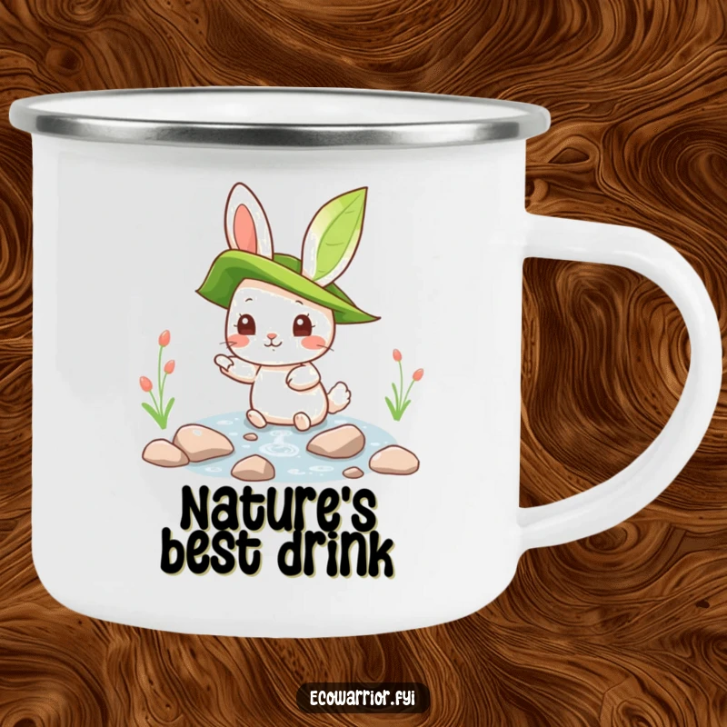 Funny rabbit character on a camping mug, pointing at a clean stream, perfect for enjoying nature with humor.