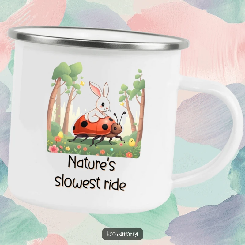 Funny Rabbit Ladybug Camping Mug showcasing a curious rabbit riding a giant ladybug through a forest, ready for the wild.