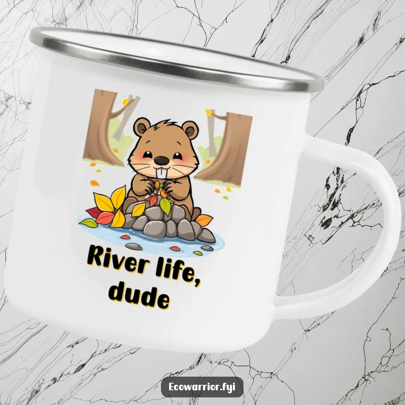 Funny beaver character building a dam with colorful leaves, designed for a durable camping mug for outdoor builders.
