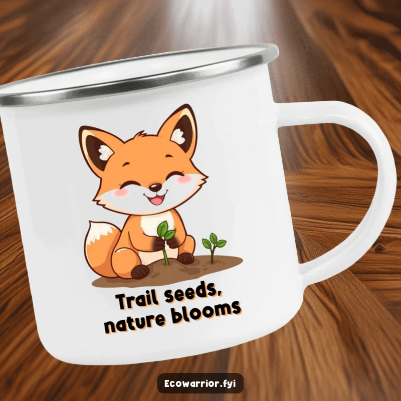 Funny Fox Gardener Camping Mug: A determined fox with a grin plants a tiny seed, perfect for outdoor enthusiasts.