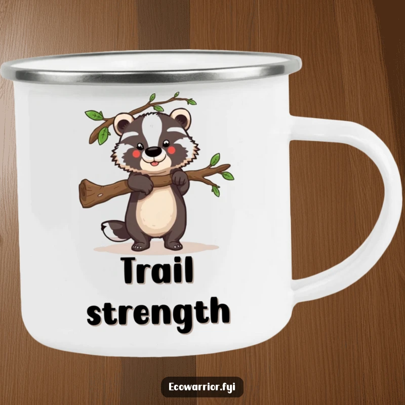 Funny camping mug featuring a strong badger character lifting a fallen branch, perfect for humorous outdoor strength.