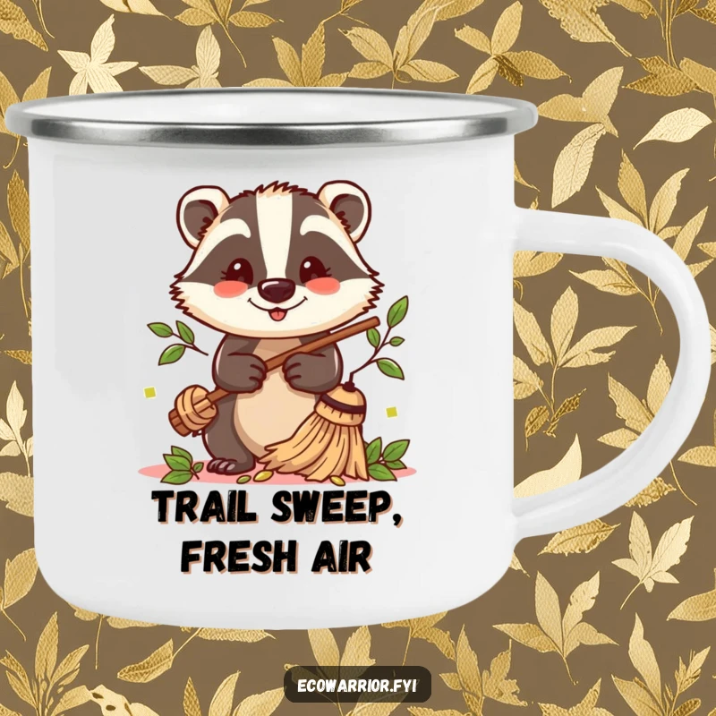 Funny Badger Sweeper Camping Mug: A cheerful badger with a twig broom sweeps leaves, perfect for outdoor enjoyment.