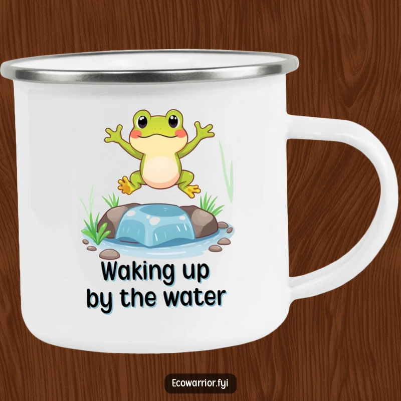 Funny Frog Camping Mug depicting a cheerful frog jumping over a clean stream, ideal for outdoor enthusiasts with a sense of humor.