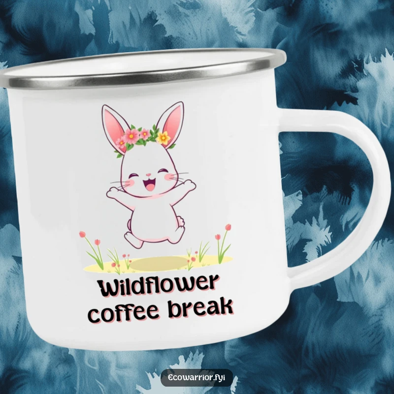 Funny rabbit camping mug, wearing a flower crown, jumping joyfully, ready for outdoor adventures.
