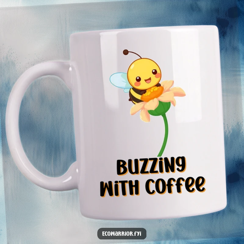 Funny mug featuring a happy bee character pollinating a vibrant wildflower, celebrating nature's beauty and humor.