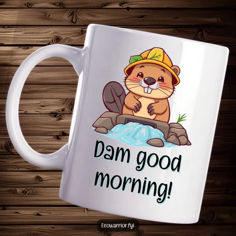 Funny Beaver Builder Mug: Determined beaver in a leaf hard hat constructs a sturdy dam, showcasing dedication.