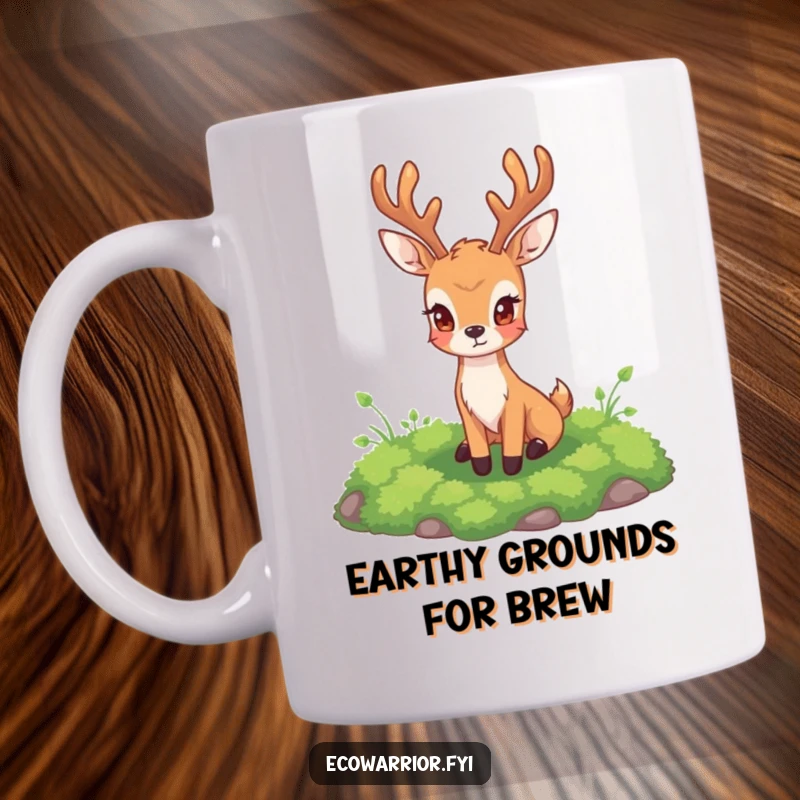 Funny Deer Mug showing a noble deer protectively watching over a vibrant patch of green moss, exuding steadfastness.