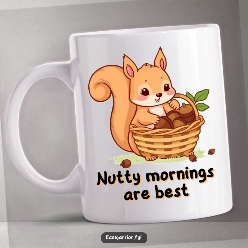 Funny mug featuring a playful squirrel diligently collecting acorns and placing them into a small woven basket with care.