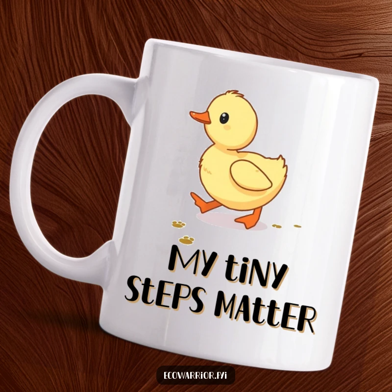 Funny Duckling Mug with tiny footprints, a determined baby duck waddling on an adventure, cute and humorous gift.