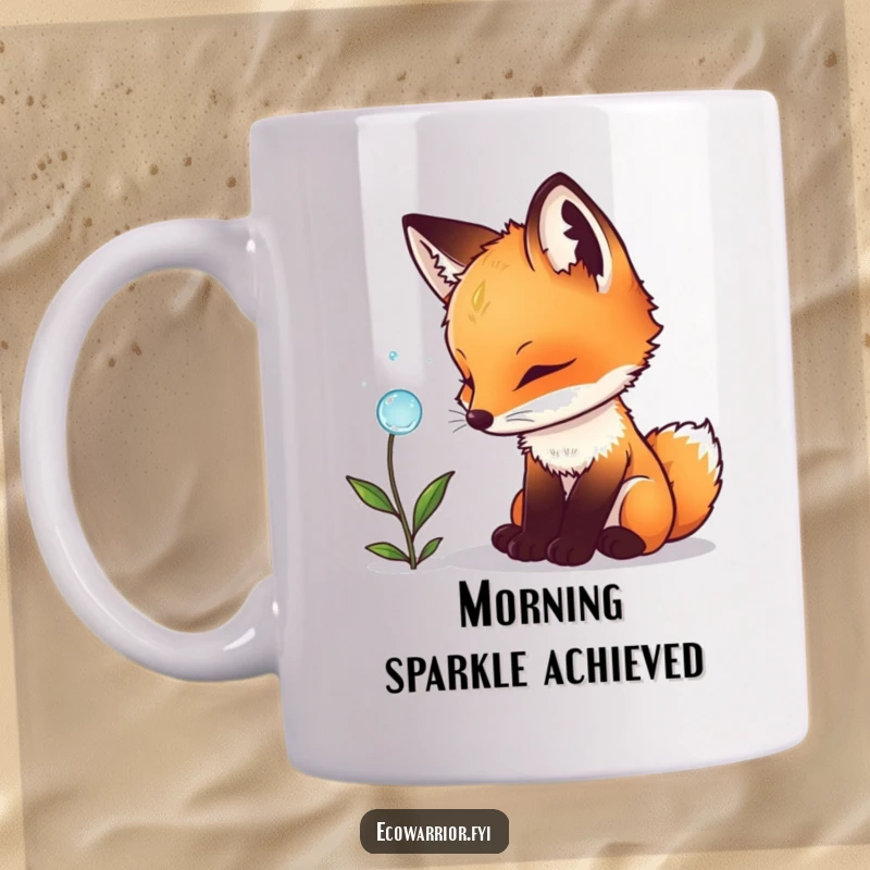 Funny fox cub mug filled with wonder, gazing at a sparkling dewdrop on a plant leaf, showcasing curiosity and nature's beauty.