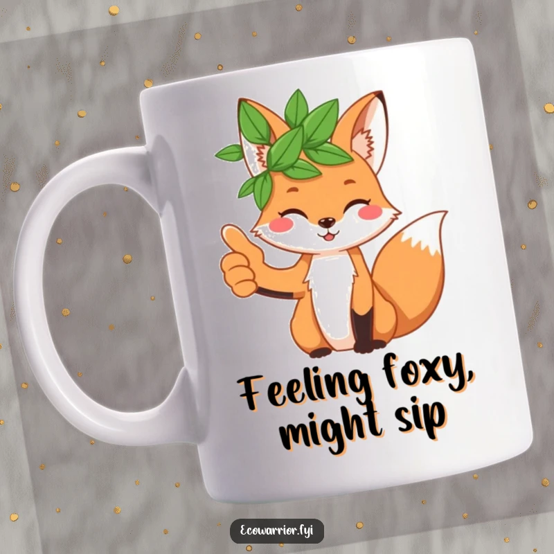 Funny and playful fox wearing a green leaf crown, giving a confident thumbs up, on a humorous mug.