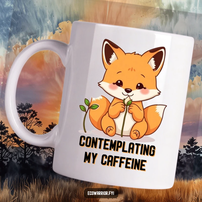 Funny fox mug, hands behind its back, curiously observing a tiny sprouting seed with a thoughtful expression.