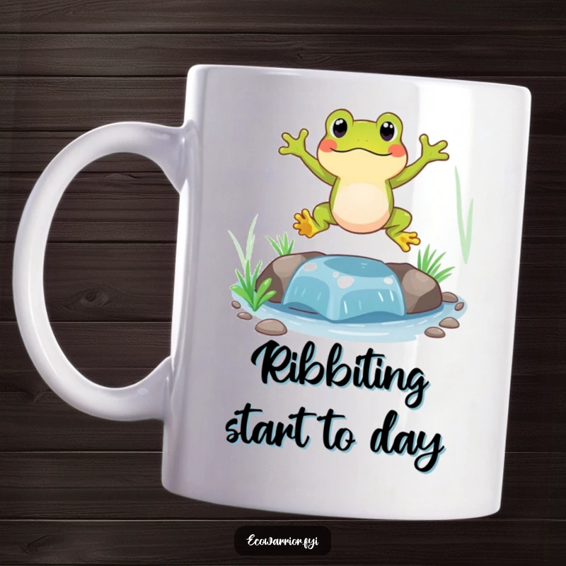 Funny Frog Mug showing a happy amphibian mid-leap over a sparkling, clean stream, embodying pure playful energy.