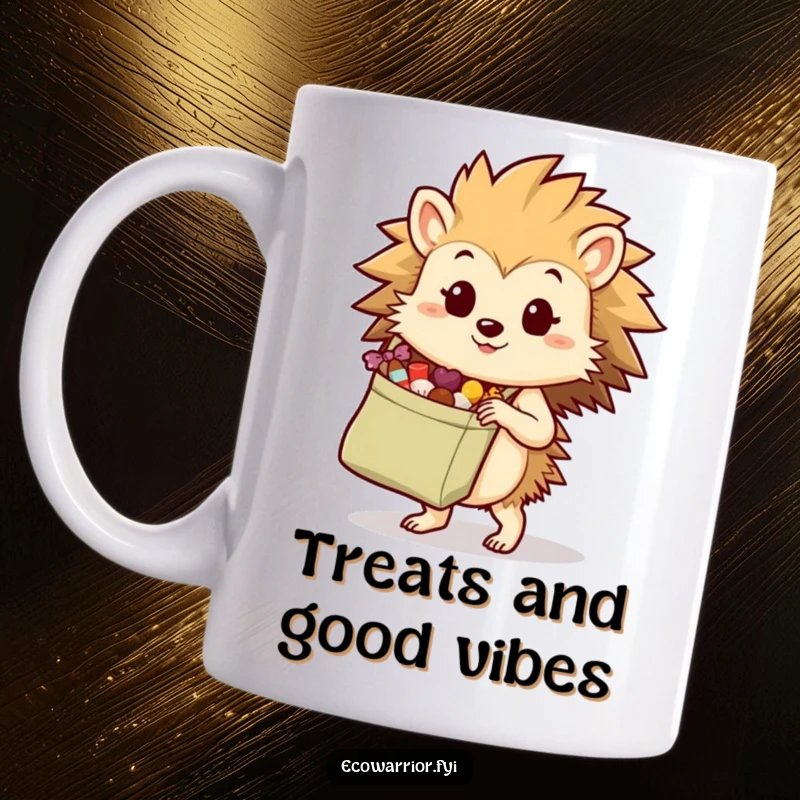 Funny hedgehog character determinedly carrying a reusable shopping bag filled with treats on a mug, conveying organized humor.