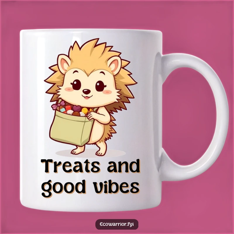 Funny Hedgehog Bag Mug: Treat Collector Humor, Hilarious Eco-Gift for Shoppers