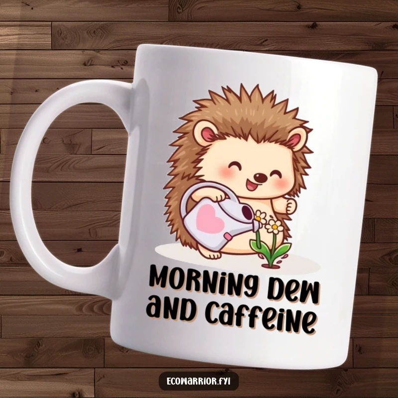 Funny mug featuring a cheerful hedgehog tending to a small flower with a watering can, embodying gentle care and joy.
