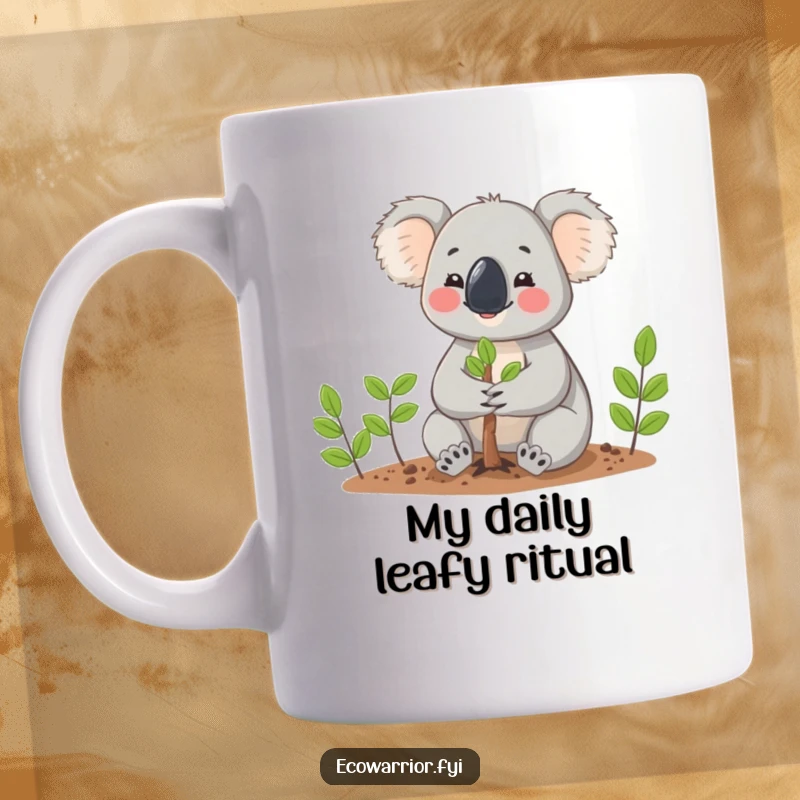Funny Koala planting a tiny green tree with gentle hands, showcasing a cheerful and eco-conscious personality on a mug.