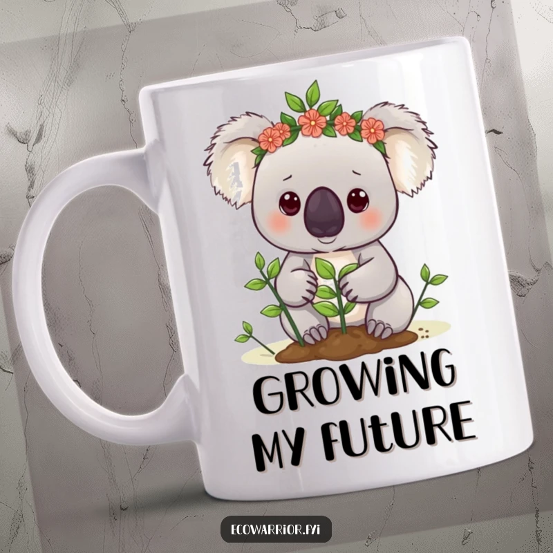 Funny koala mug featuring a cute koala in a leaf crown, determinedly planting a small sapling, a true eco-warrior.