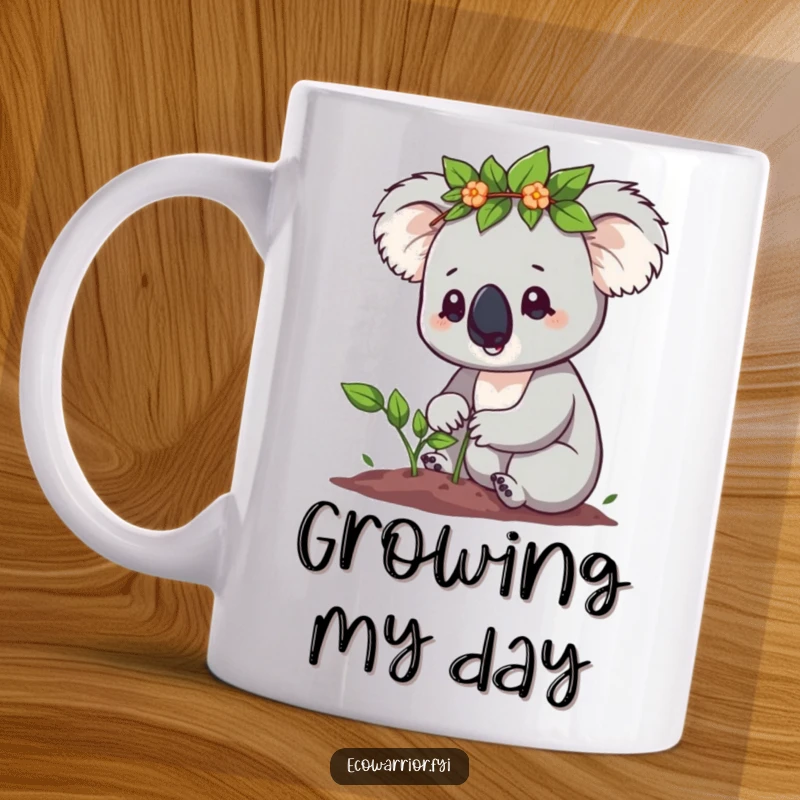 Funny Koala Mug: Cute koala in a leaf crown determinedly plants a tiny sapling, symbolizing nature, a great funny gift.