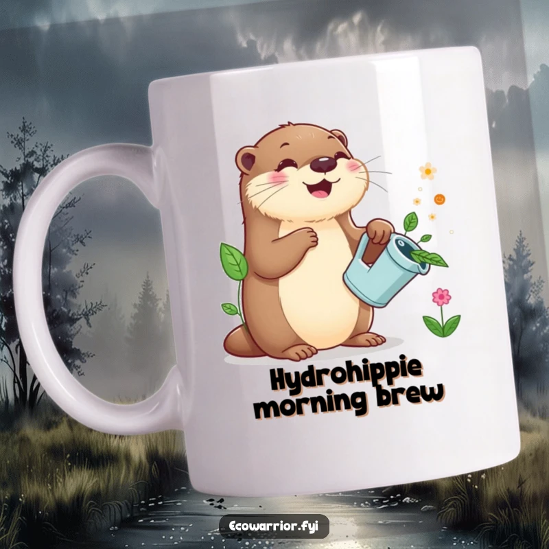 Funny Otter Gardener Mug: Cute otter smiles while watering lush green plants with a leaf-shaped watering can, bringing joy.