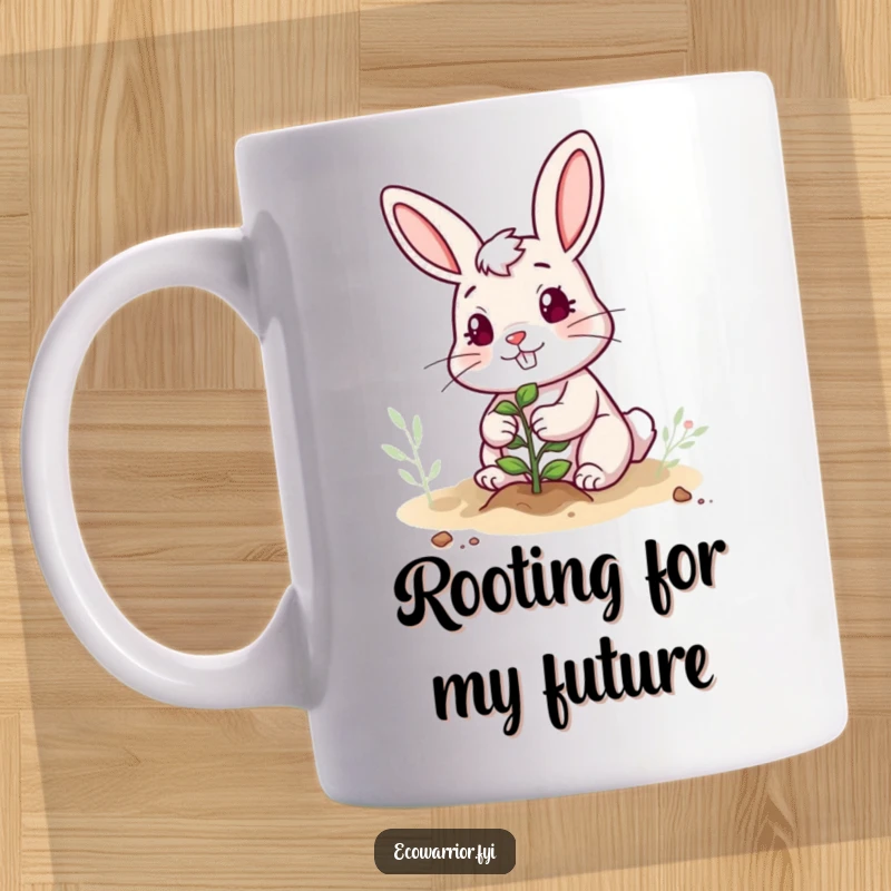 Funny mug featuring a determined rabbit with a cheerful expression, carefully planting a small sapling, symbolizing growth and humor.