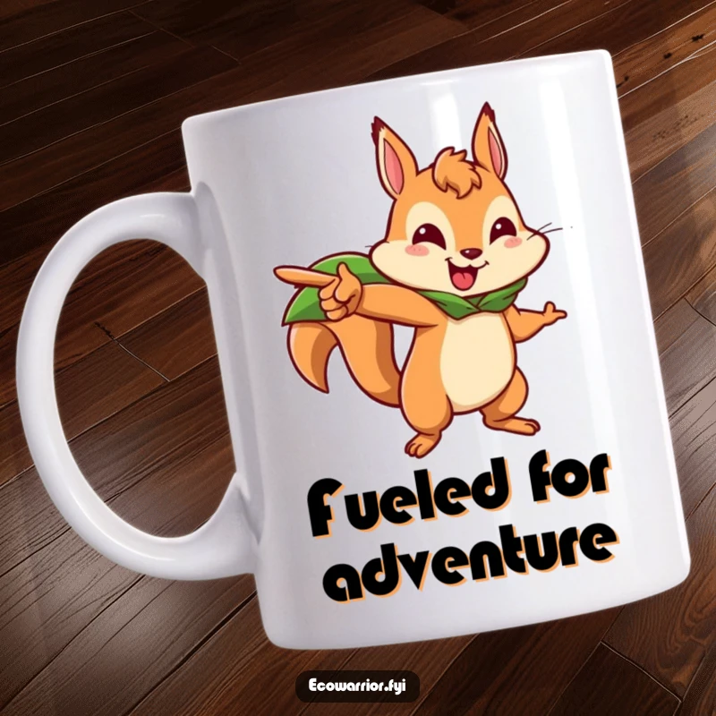 Funny squirrel mug with a brave squirrel character wearing a leaf cape, pointing forward energetically, embodying adventure and leadership.