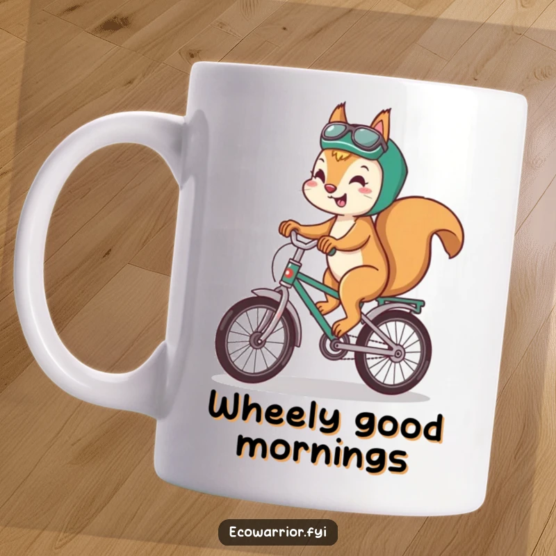 Funny squirrel mug featuring a playful squirrel riding a bicycle made of recycled materials with a happy smile.