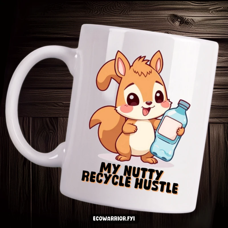 Funny squirrel collecting plastic bottles with a determined expression on a ceramic mug, highlighting environmental humor.