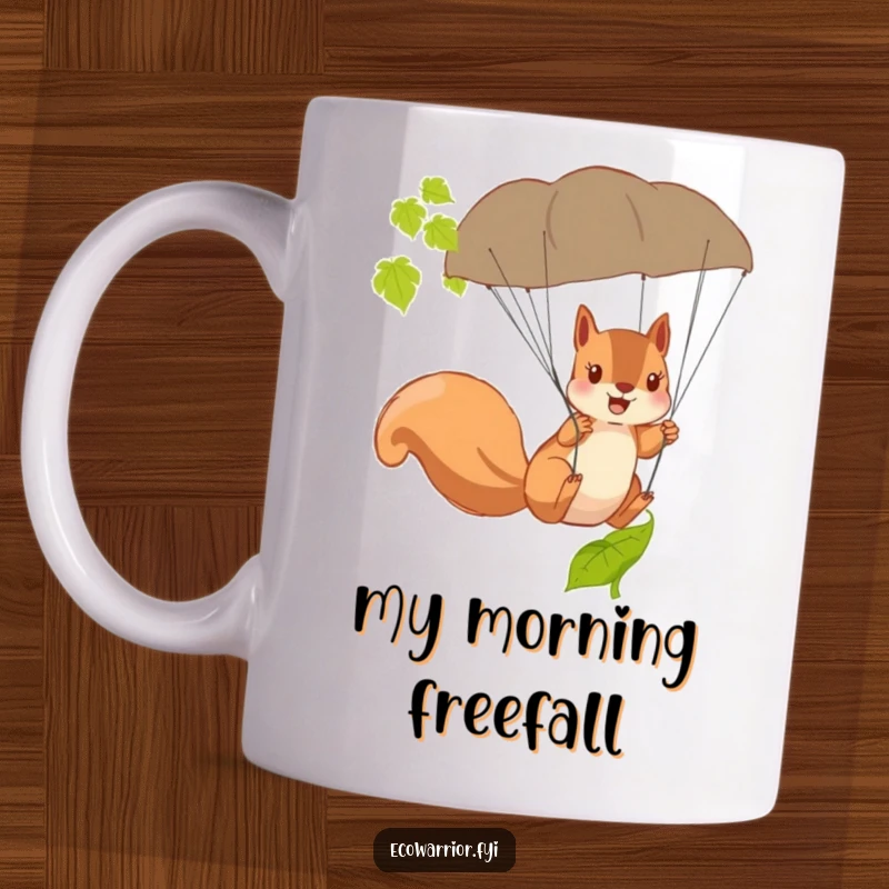 Funny Squirrel Mug showing a brave squirrel using a fallen leaf as a parachute, mid-air with determination.