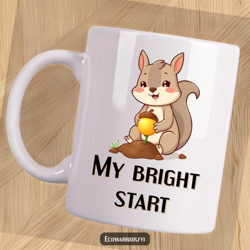 Funny squirrel planter mug, cheerful squirrel planting a tiny glowing acorn with a smile. Symbolizes hope and magic. Perfect gift.