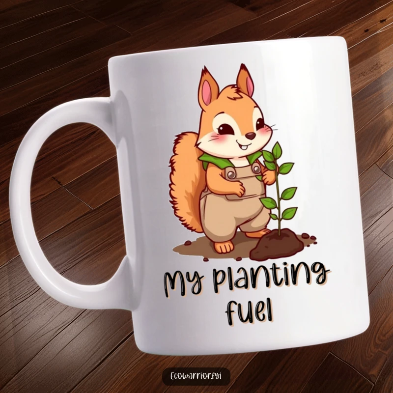 Funny mug featuring a cute squirrel in leafy overalls energetically planting a tiny seedling with a determined expression.