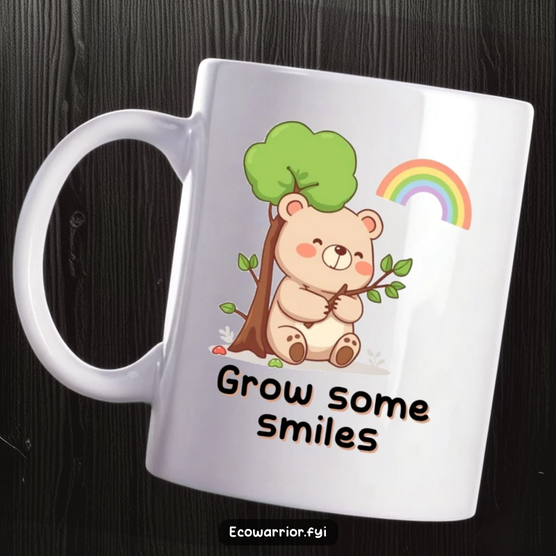Funny Bear Rainbow Mug: A happy bear holding a sapling, smiling at a rainbow, embodying nature's joy.