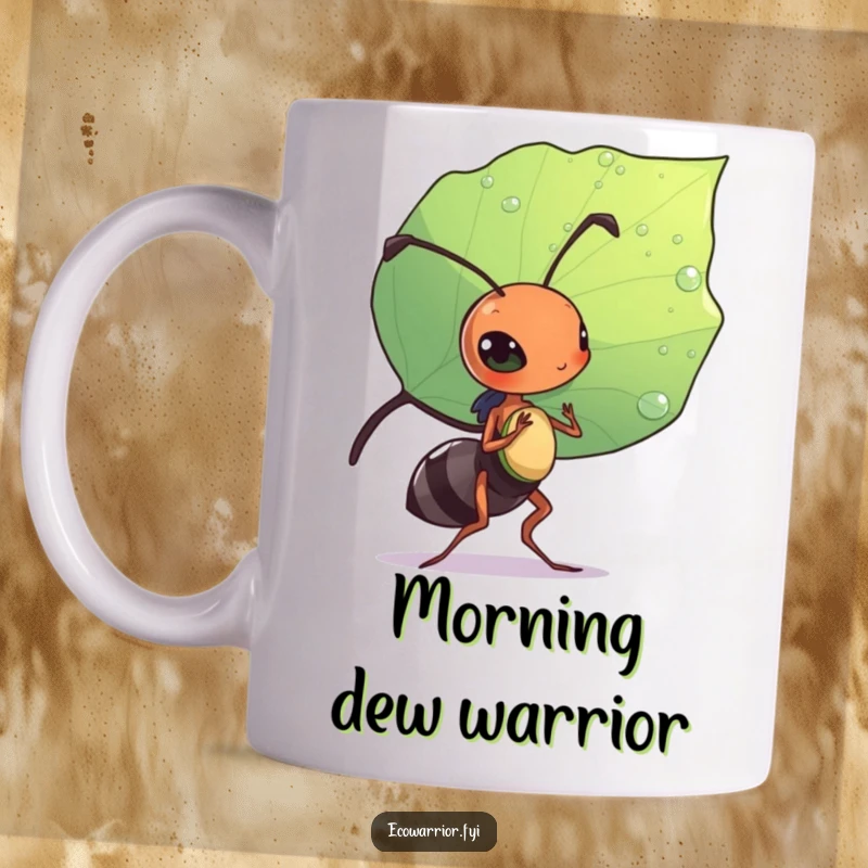Funny mug showcasing a diligent ant carrying a large, dewdropp-stained leaf like a shield, celebrating small heroes.