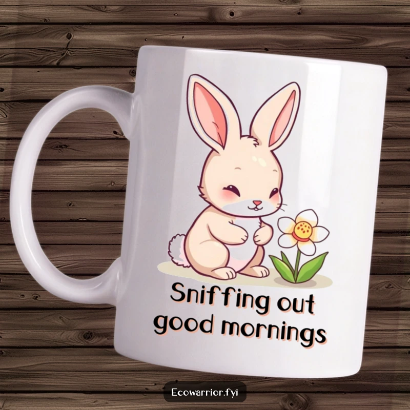 Funny rabbit character curiously examining a blooming flower with wide eyes, capturing a moment of gentle exploration, ideal for cute mug enthusiasts.