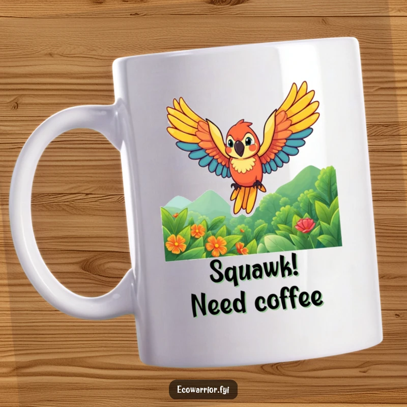 Funny parrot mug with a vibrant character soaring with wings spread wide above a lush, green landscape, full of energy and color.