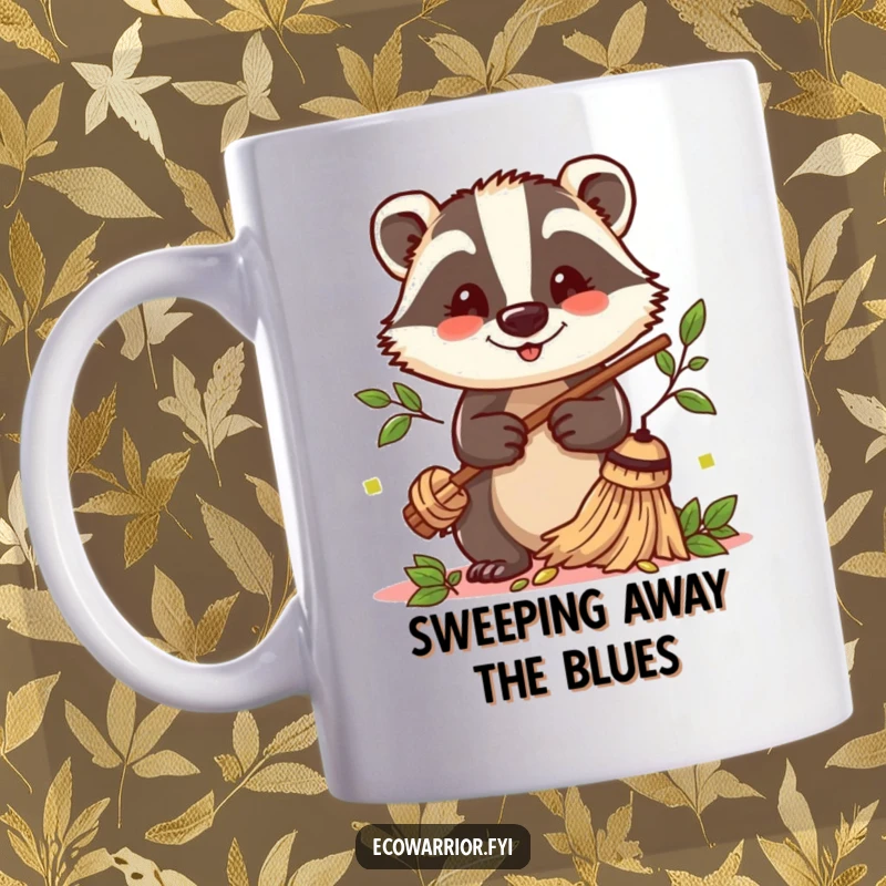 Funny Badger Sweeper Mug: Cheerful badger uses a twig broom to sweep fallen leaves, adding a touch of autumn fun.