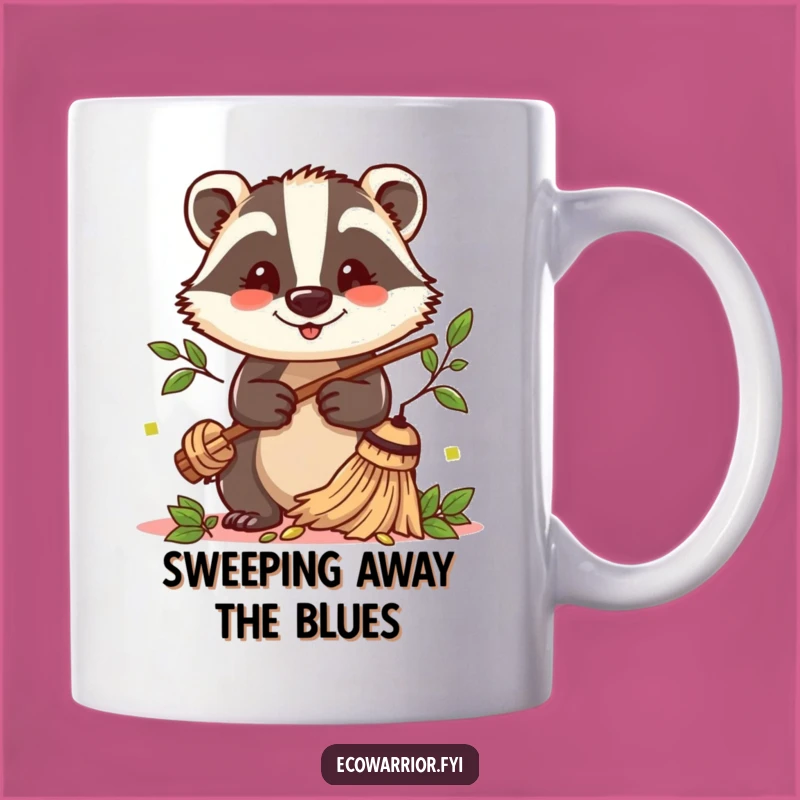 Funny Badger Sweeper Mug: Cheerful Leaf Sweeping Badger, Funny Gift