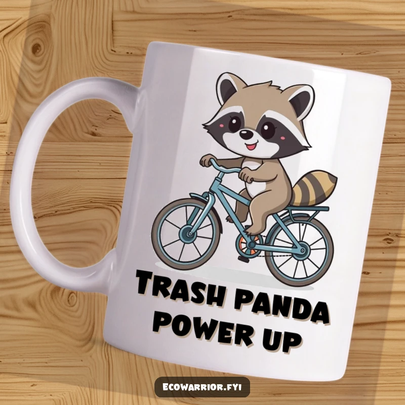 Funny mug featuring a smiling raccoon happily riding a bicycle constructed from various recycled components, promoting sustainability.