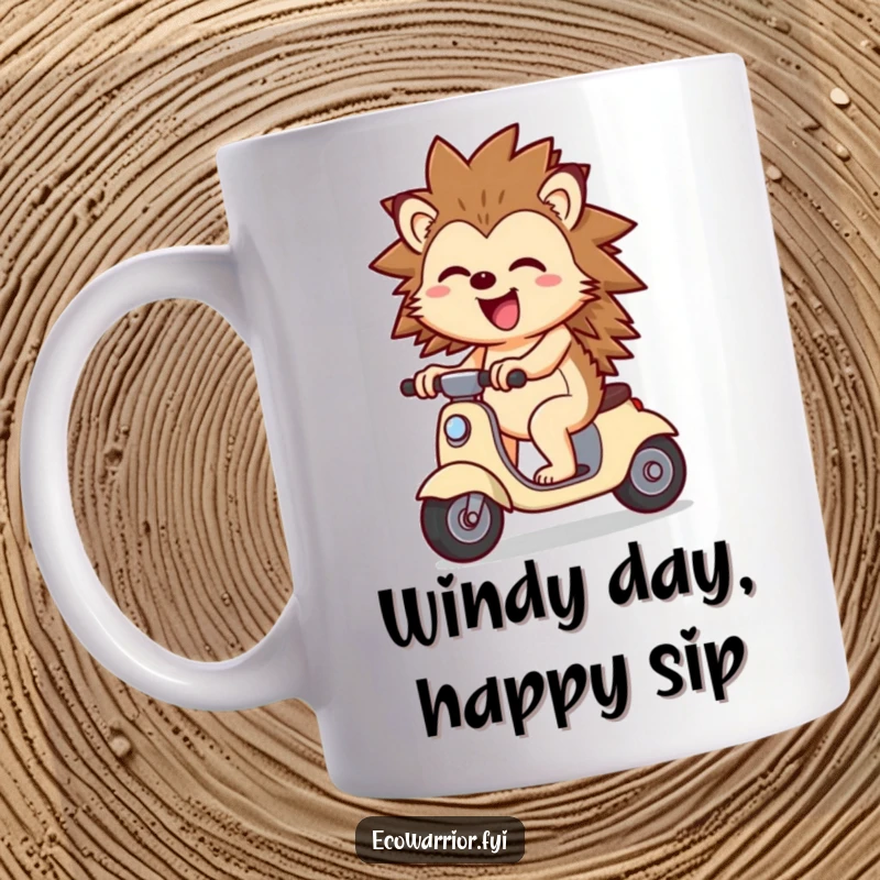 Funny Cheerful Hedgehog Scooter Mug: A joyful hedgehog riding a wind-powered scooter, with a happy expression, perfect for coffee lovers.