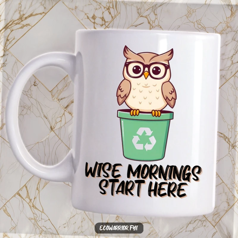 Funny mug showing a smiling owl wearing spectacles, perched wisely on a green recycling bin, promoting environmental awareness.