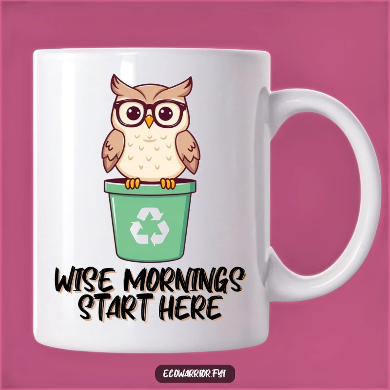 Funny Eco Owl Mug: Wise Spectacled Bird on Recycling Bin, Perfect Funny Gift for Nature Lovers