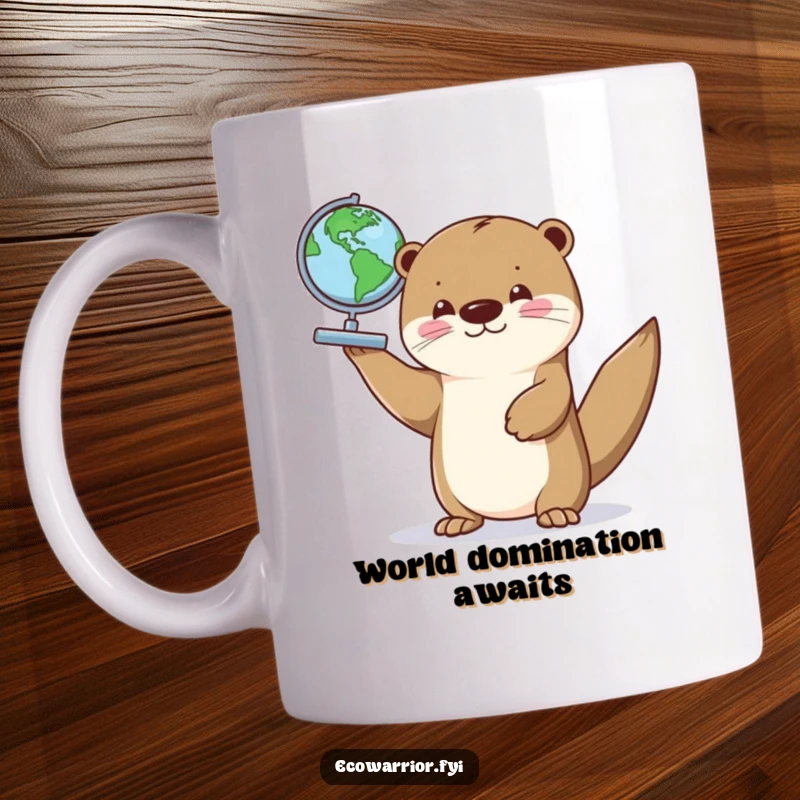 Funny mug featuring a proud otter holding a miniature globe overhead, symbolizing global aspirations and aquatic charm.