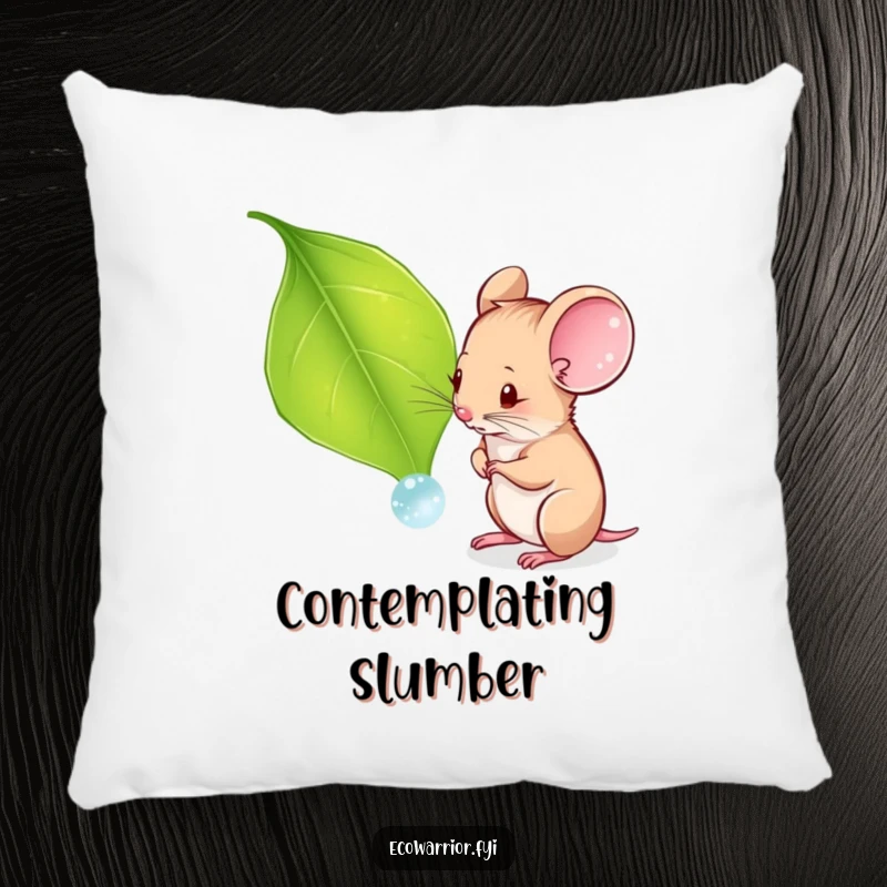 Funny pillow featuring a curious mouse examining a dewdrop on a leaf, a soft and humorous accent for any room.