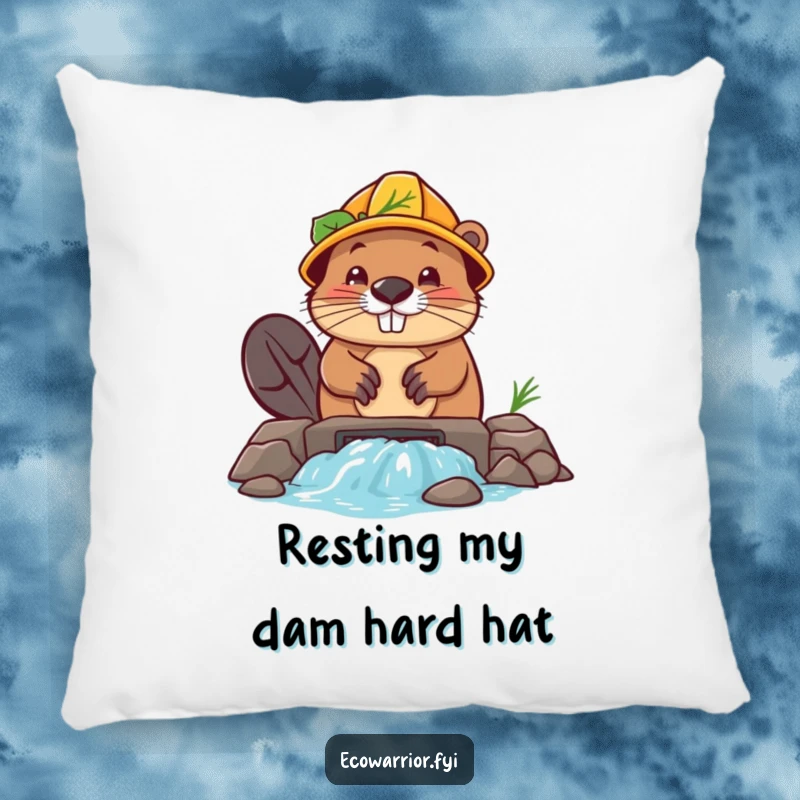 Funny Beaver Builder Pillow: A determined beaver in a leaf hard hat builds a dam, offering soft comfort and encouragement.